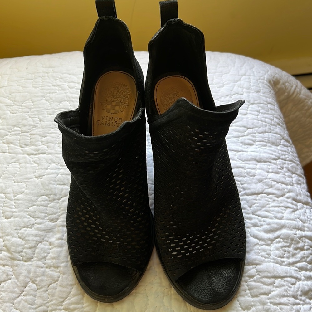 Suede open square peep toe booties/heels